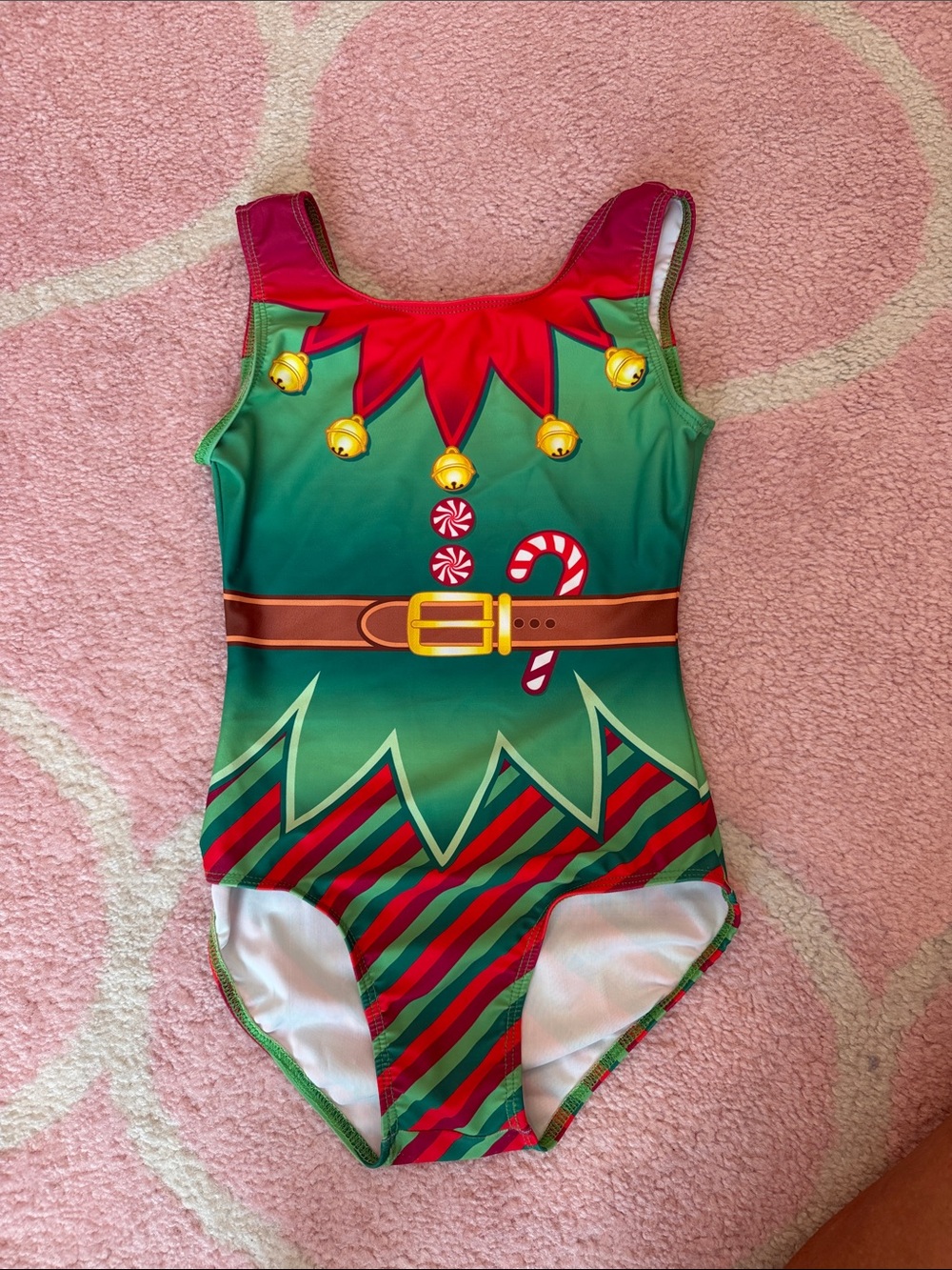 Destira girls, gymnastics leotard Green & Red Elf Leo  size child extra large